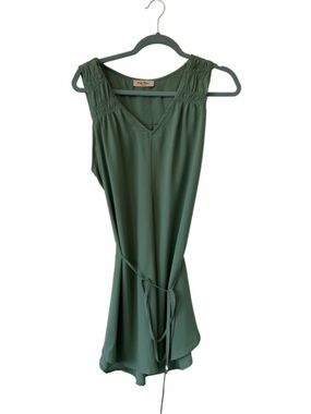 Sleeveless Smocked Shoulder Tunic Dress - Olive